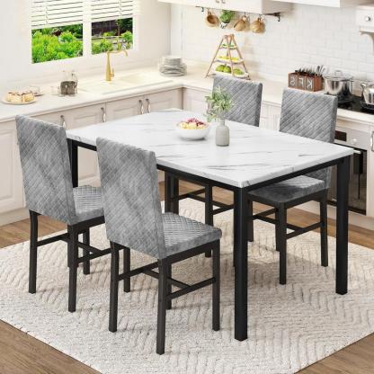 Juego de comedor para 4 personas, mesa con acabado tipo mármol de 120 × 70 cm, incluye 4 sillas modernas tapizadas en terciopelo con diseño ergonómico, ideal para comedor y cocina.
