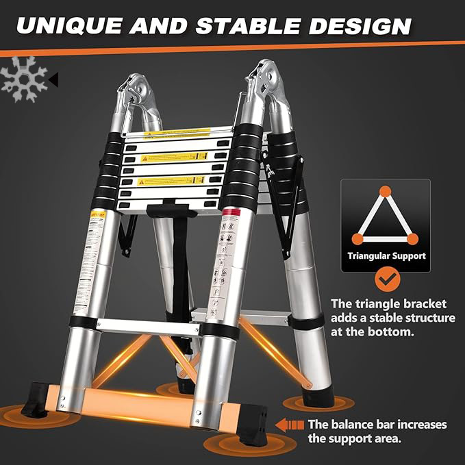 Escalera telescópica con marco A, escalera de extensión de aluminio compacta de 16.5 pies, escalera telescópica portátil para caravanas al aire última intervensión, autocaravana, con plataforma de-llave inglesa