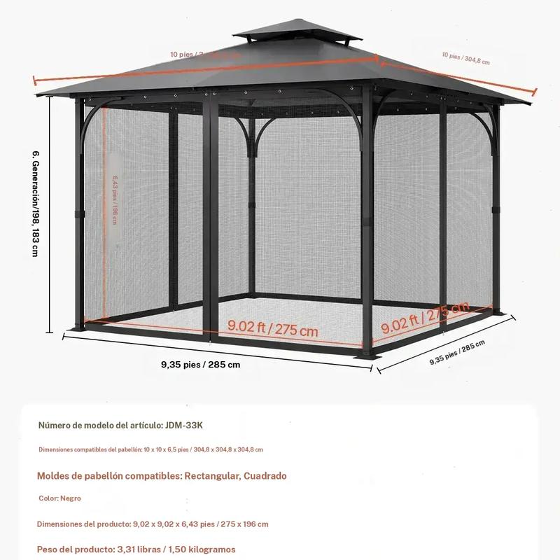 Red de repuesto para sombrilla (solo red), compatible con la mayoría de las sombrillas de 3×3 m (10 x 10 x 7 pies), red de jardín exterior, panel lateral de malla de 4 puertas, red antiinsectos para patio con doble cremallera, solo red