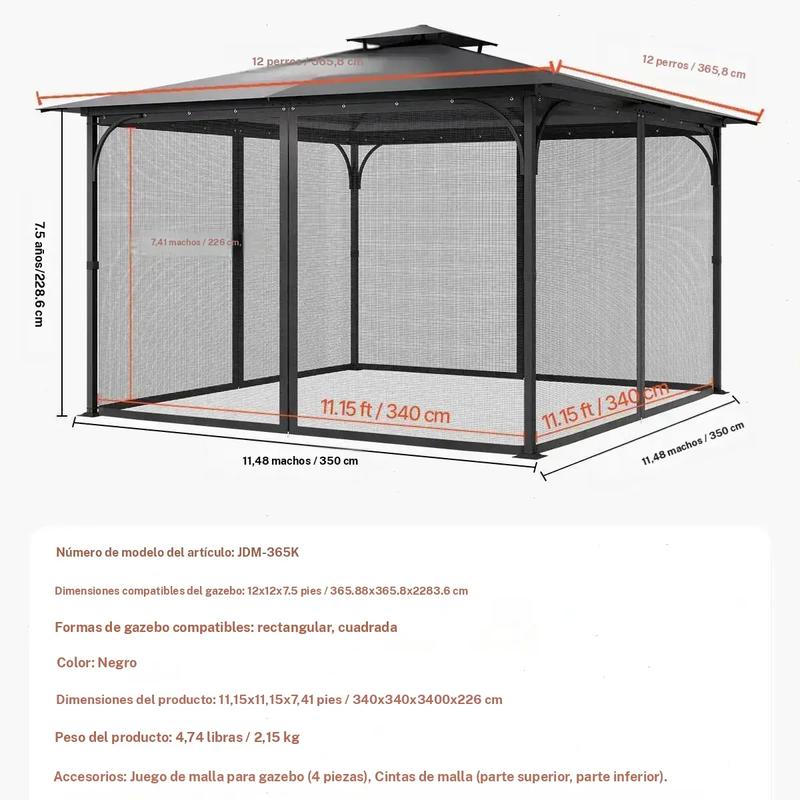 Red de repuesto para sombrilla (solo red), compatible con la mayoría de las sombrillas de 3×3 m (10 x 10 x 7 pies), red de jardín exterior, panel lateral de malla de 4 puertas, red antiinsectos para patio con doble cremallera, solo red