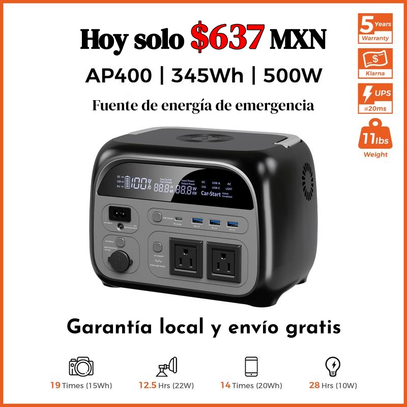 Estación de energía portátil 500W/345Wh con batería LiFePO4, UPS integrado, cargador inalámbrico, compatible con carga solar, ideal para camping, emergencias, CPAP y respaldo de energía para dispositivos electrónicos.