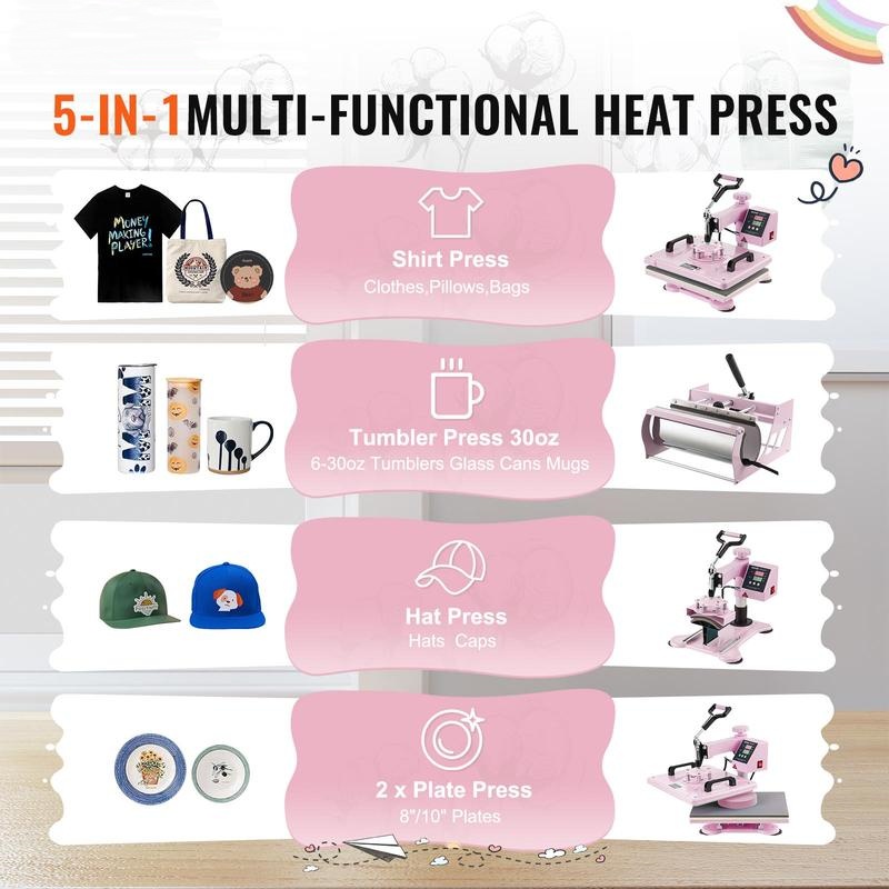 Prensa de Calor 5 en 1 de 12" x 15", con Prensa para Vaso de 30 oz, para Playeras, Tazas, Gorras y Platos