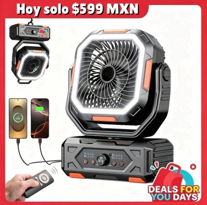 Ventilador portátil de camping 30000mAh recargable, con luz LED, cabezal 270° y control remoto, ventilador multifuncional para tienda de campaña, viajes, hogar y actividades al aire libre