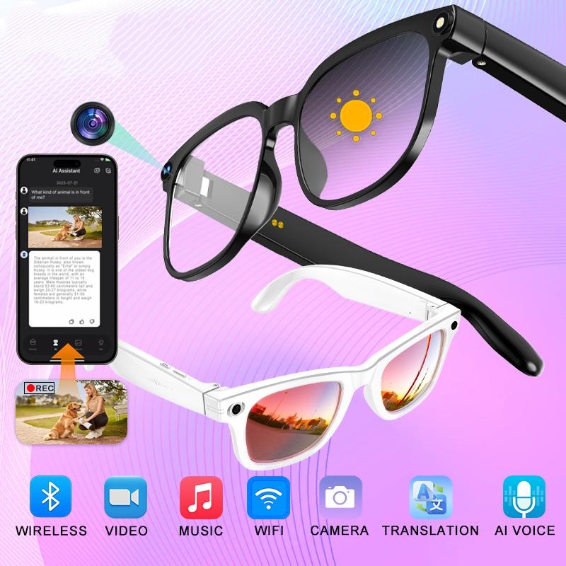 Gafas Inteligentes con IA y Lentes Fotocromáticos de 8MP, Ajuste Táctil por Botón, Traducción en Tiempo Real de Más de 160 Idiomas, Bluetooth Inalámbrico, Grabación de Video y Fotos con Manos Libres, Protección UV para Viajes y Aventuras al Aire Libre, Re