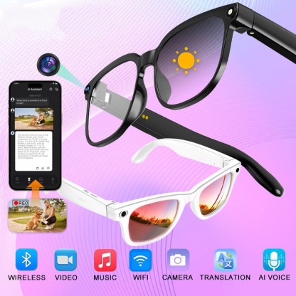 Gafas Inteligentes con IA y Lentes Fotocromáticos de 8MP, Ajuste Táctil por Botón, Traducción en Tiempo Real de Más de 160 Idiomas, Bluetooth Inalámbrico, Grabación de Video y Fotos con Manos Libres, Protección UV para Viajes y Aventuras al Aire Libre, Re