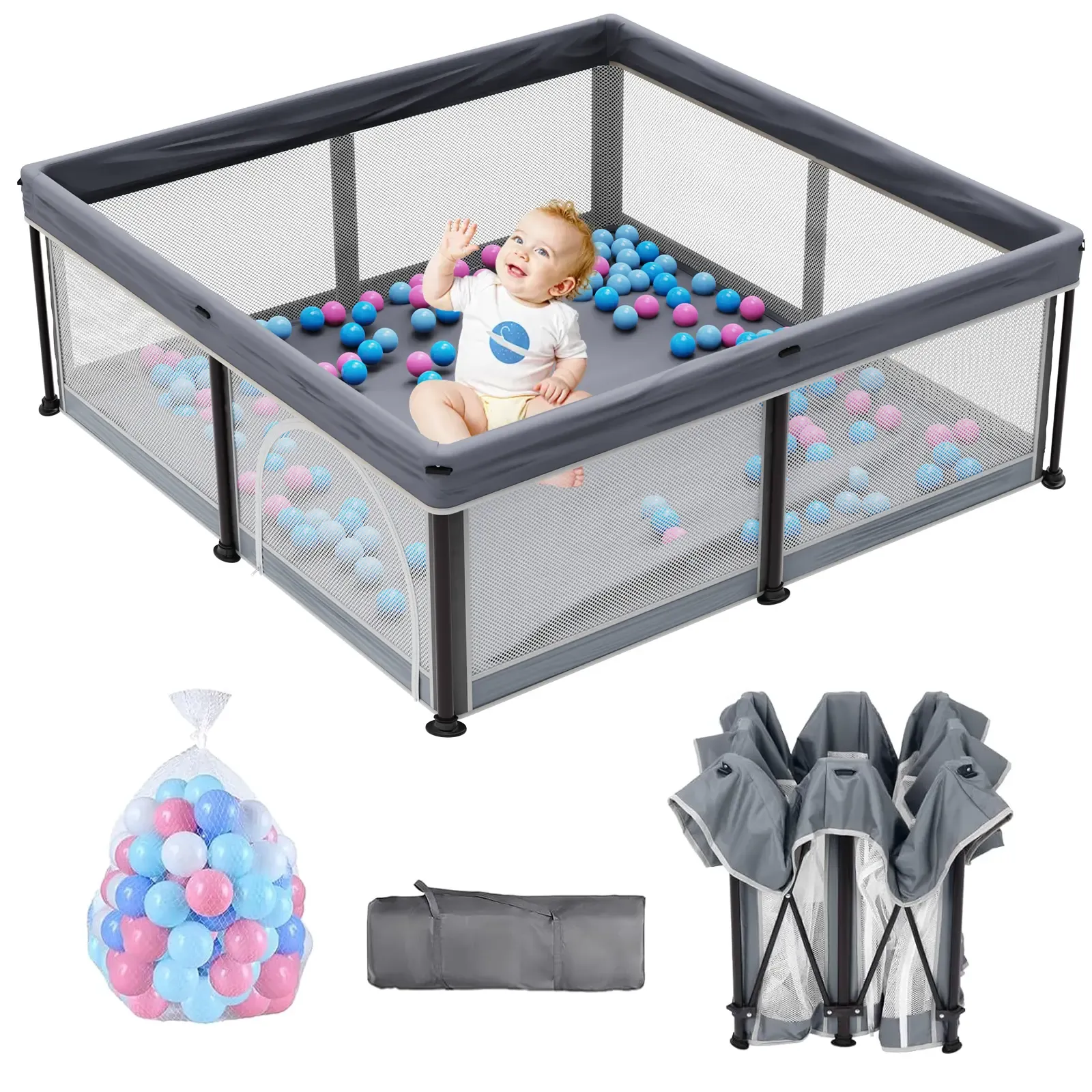 Corral Plegable para Bebé con Tapete 50"x50", Puerta de Seguridad, Diseño Transpirable, Incluye 50 Pelotas para Bebés y Niños