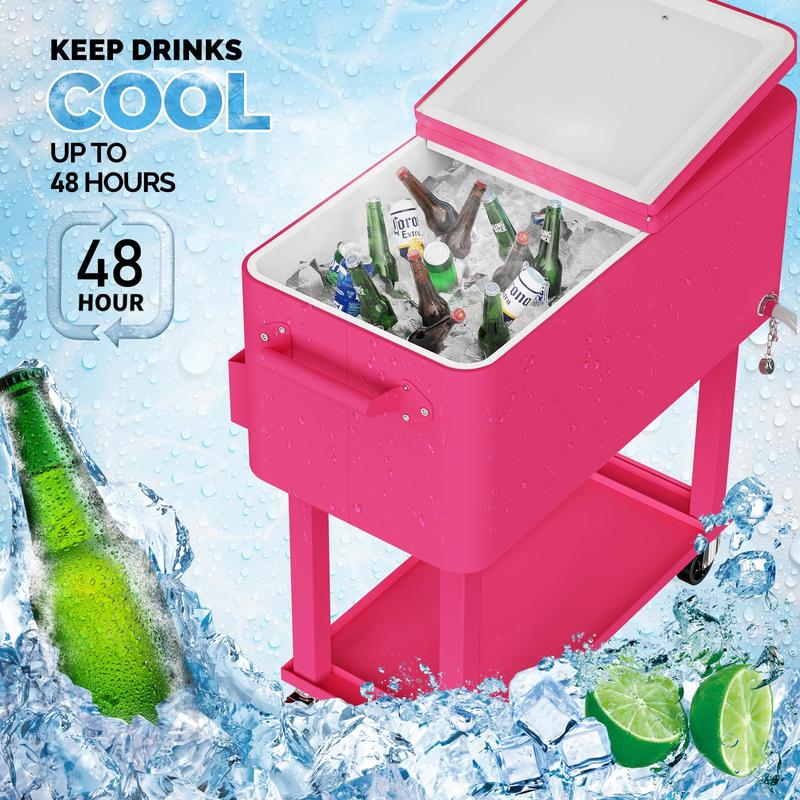 Hielera portátil de 80 cuartos con ruedas, carrito enfriador para bebidas con repisa inferior, destapador integrado y gran capacidad. Ideal para patio, fiestas, jardín, alberca, terraza y reuniones al aire libre.