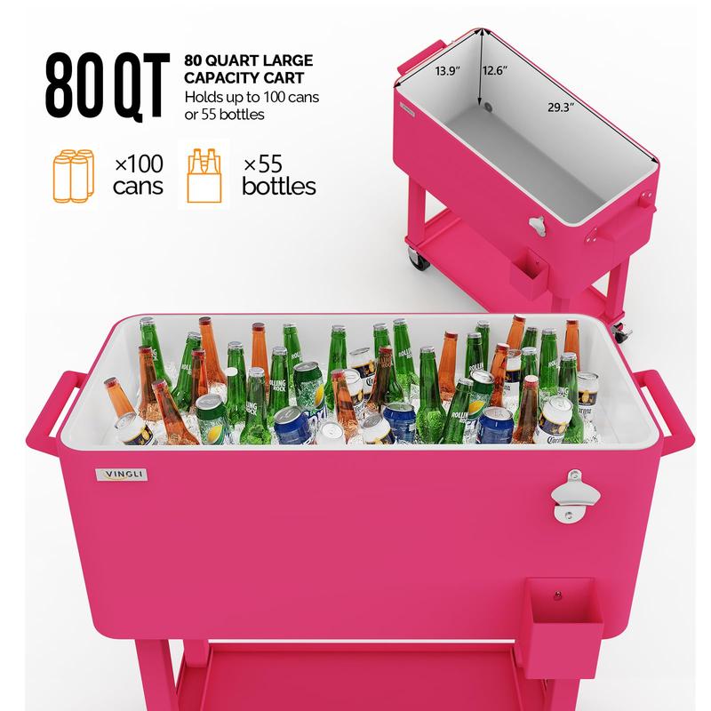 Hielera portátil de 80 cuartos con ruedas, carrito enfriador para bebidas con repisa inferior, destapador integrado y gran capacidad. Ideal para patio, fiestas, jardín, alberca, terraza y reuniones al aire libre.