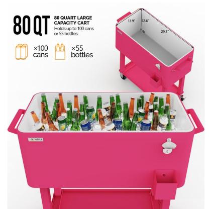 Hielera portátil de 80 cuartos con ruedas, carrito enfriador para bebidas con repisa inferior, destapador integrado y gran capacidad. Ideal para patio, fiestas, jardín, alberca, terraza y reuniones al aire libre.