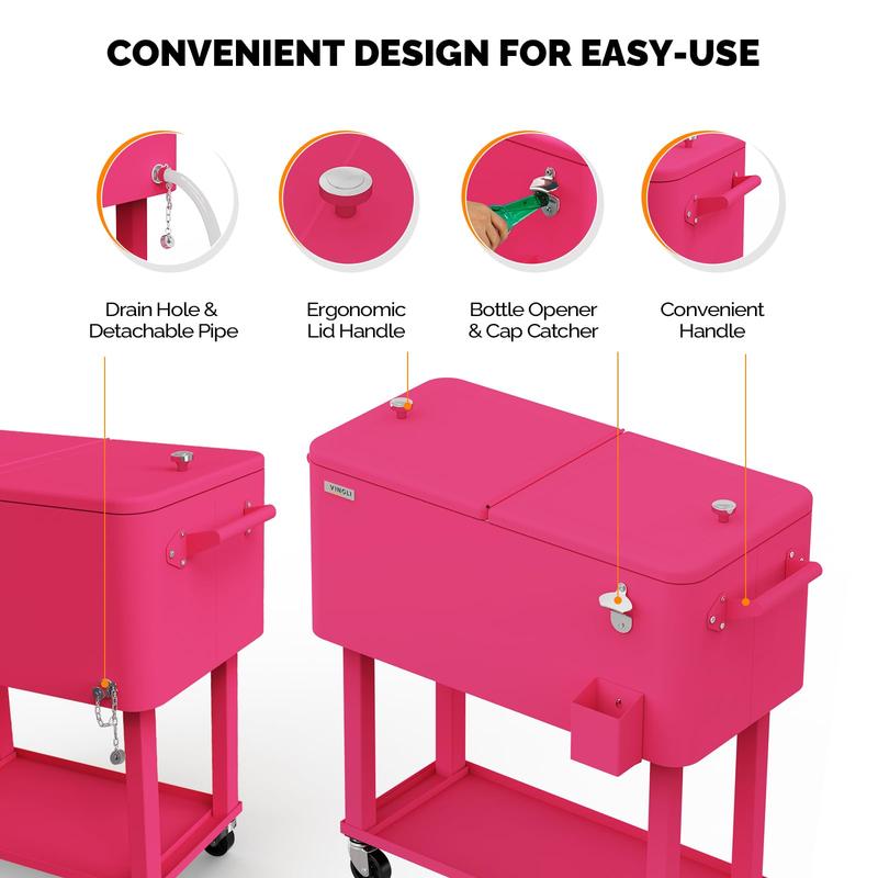 Hielera portátil de 80 cuartos con ruedas, carrito enfriador para bebidas con repisa inferior, destapador integrado y gran capacidad. Ideal para patio, fiestas, jardín, alberca, terraza y reuniones al aire libre.