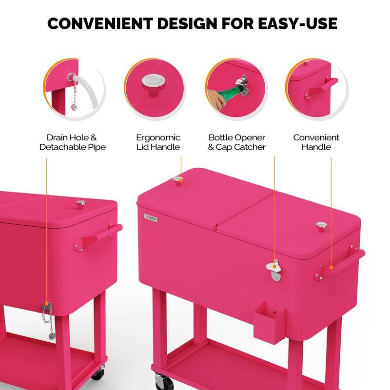 Hielera portátil de 80 cuartos con ruedas, carrito enfriador para bebidas con repisa inferior, destapador integrado y gran capacidad. Ideal para patio, fiestas, jardín, alberca, terraza y reuniones al aire libre.