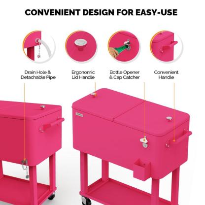 Hielera portátil de 80 cuartos con ruedas, carrito enfriador para bebidas con repisa inferior, destapador integrado y gran capacidad. Ideal para patio, fiestas, jardín, alberca, terraza y reuniones al aire libre.