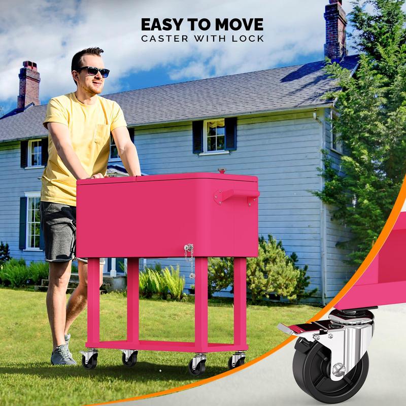 Hielera portátil de 80 cuartos con ruedas, carrito enfriador para bebidas con repisa inferior, destapador integrado y gran capacidad. Ideal para patio, fiestas, jardín, alberca, terraza y reuniones al aire libre.