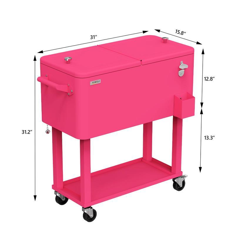 Hielera portátil de 80 cuartos con ruedas, carrito enfriador para bebidas con repisa inferior, destapador integrado y gran capacidad. Ideal para patio, fiestas, jardín, alberca, terraza y reuniones al aire libre.