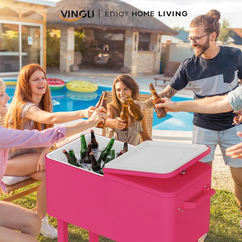 Hielera portátil de 80 cuartos con ruedas, carrito enfriador para bebidas con repisa inferior, destapador integrado y gran capacidad. Ideal para patio, fiestas, jardín, alberca, terraza y reuniones al aire libre.