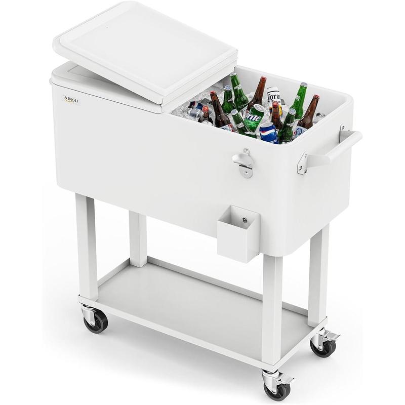 Hielera portátil de 80 cuartos con ruedas, carrito enfriador para bebidas con repisa inferior, destapador integrado y gran capacidad. Ideal para patio, fiestas, jardín, alberca, terraza y reuniones al aire libre.
