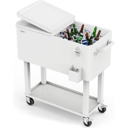 Hielera portátil de 80 cuartos con ruedas, carrito enfriador para bebidas con repisa inferior, destapador integrado y gran capacidad. Ideal para patio, fiestas, jardín, alberca, terraza y reuniones al aire libre.
