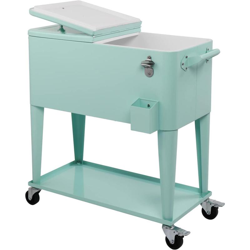 Hielera portátil de 80 cuartos con ruedas, carrito enfriador para bebidas con repisa inferior, destapador integrado y gran capacidad. Ideal para patio, fiestas, jardín, alberca, terraza y reuniones al aire libre.