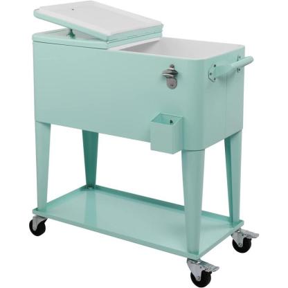 Hielera portátil de 80 cuartos con ruedas, carrito enfriador para bebidas con repisa inferior, destapador integrado y gran capacidad. Ideal para patio, fiestas, jardín, alberca, terraza y reuniones al aire libre.