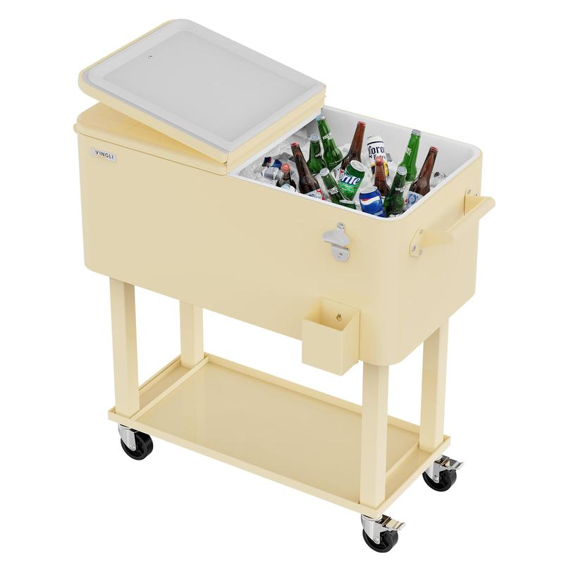 Hielera portátil de 80 cuartos con ruedas, carrito enfriador para bebidas con repisa inferior, destapador integrado y gran capacidad. Ideal para patio, fiestas, jardín, alberca, terraza y reuniones al aire libre.