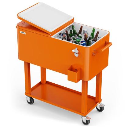 Hielera portátil de 80 cuartos con ruedas, carrito enfriador para bebidas con repisa inferior, destapador integrado y gran capacidad. Ideal para patio, fiestas, jardín, alberca, terraza y reuniones al aire libre.