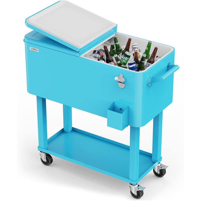 Hielera portátil de 80 cuartos con ruedas, carrito enfriador para bebidas con repisa inferior, destapador integrado y gran capacidad. Ideal para patio, fiestas, jardín, alberca, terraza y reuniones al aire libre.
