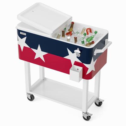 Hielera portátil de 80 cuartos con ruedas, carrito enfriador para bebidas con repisa inferior, destapador integrado y gran capacidad. Ideal para patio, fiestas, jardín, alberca, terraza y reuniones al aire libre.