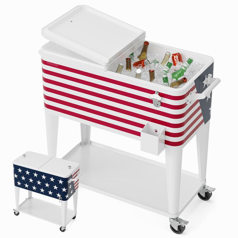 Hielera portátil de 80 cuartos con ruedas, carrito enfriador para bebidas con repisa inferior, destapador integrado y gran capacidad. Ideal para patio, fiestas, jardín, alberca, terraza y reuniones al aire libre.