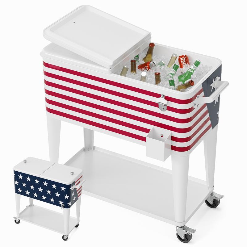 Hielera portátil de 80 cuartos con ruedas, carrito enfriador para bebidas con repisa inferior, destapador integrado y gran capacidad. Ideal para patio, fiestas, jardín, alberca, terraza y reuniones al aire libre.