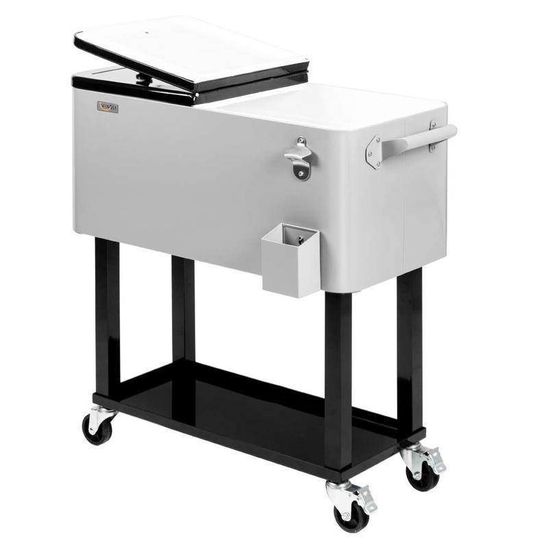 Hielera portátil de 80 cuartos con ruedas, carrito enfriador para bebidas con repisa inferior, destapador integrado y gran capacidad. Ideal para patio, fiestas, jardín, alberca, terraza y reuniones al aire libre.