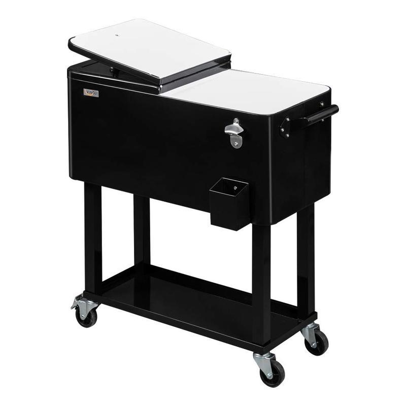 Hielera portátil de 80 cuartos con ruedas, carrito enfriador para bebidas con repisa inferior, destapador integrado y gran capacidad. Ideal para patio, fiestas, jardín, alberca, terraza y reuniones al aire libre.