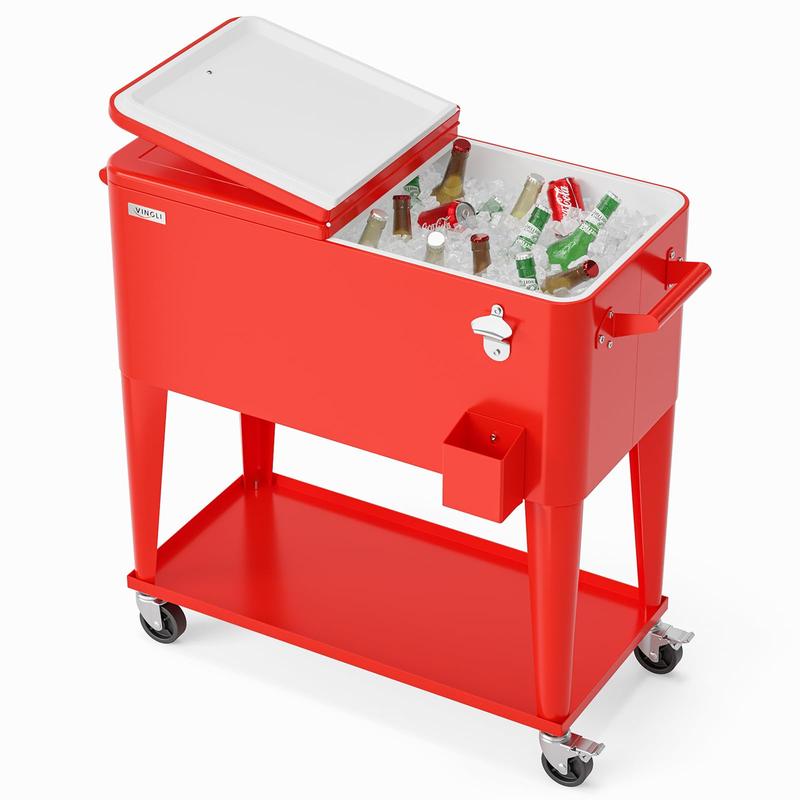Hielera portátil de 80 cuartos con ruedas, carrito enfriador para bebidas con repisa inferior, destapador integrado y gran capacidad. Ideal para patio, fiestas, jardín, alberca, terraza y reuniones al aire libre.