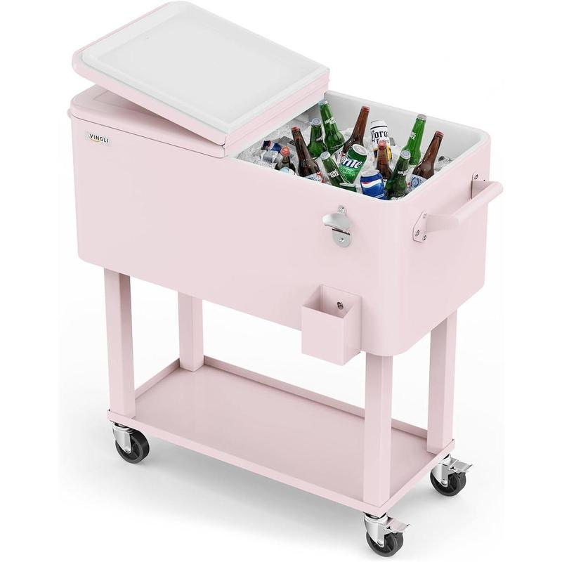 Hielera portátil de 80 cuartos con ruedas, carrito enfriador para bebidas con repisa inferior, destapador integrado y gran capacidad. Ideal para patio, fiestas, jardín, alberca, terraza y reuniones al aire libre.