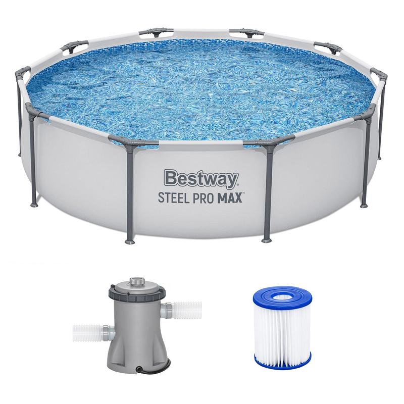 Alberca inflable redonda 3.05 m x 76 cm para exterior, estructura reforzada de acero, incluye bomba de filtrado, ideal para patio, jardín y uso familiar en verano.