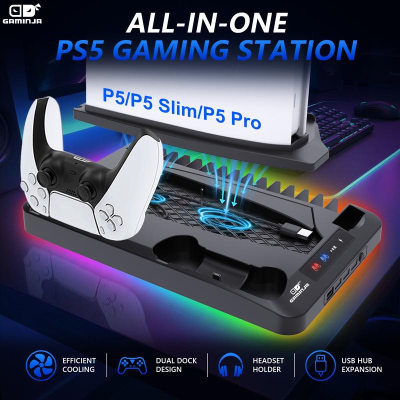 Base de carga con sistema de enfriamiento compatible con PS5, PS5 Slim y PS5 Pro, soporte vertical multifuncional con ventilador de refrigeración y estación de carga para controles.