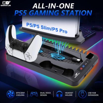 Base de carga con sistema de enfriamiento compatible con PS5, PS5 Slim y PS5 Pro, soporte vertical multifuncional con ventilador de refrigeración y estación de carga para controles.