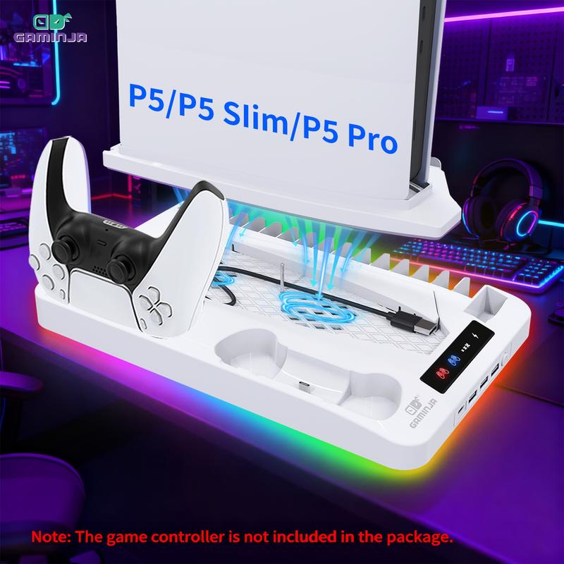 Base de carga con sistema de enfriamiento compatible con PS5, PS5 Slim y PS5 Pro, soporte vertical multifuncional con ventilador de refrigeración y estación de carga para controles.