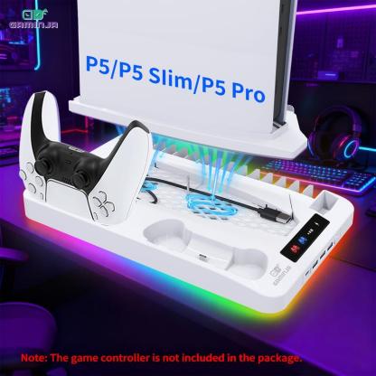 Base de carga con sistema de enfriamiento compatible con PS5, PS5 Slim y PS5 Pro, soporte vertical multifuncional con ventilador de refrigeración y estación de carga para controles.