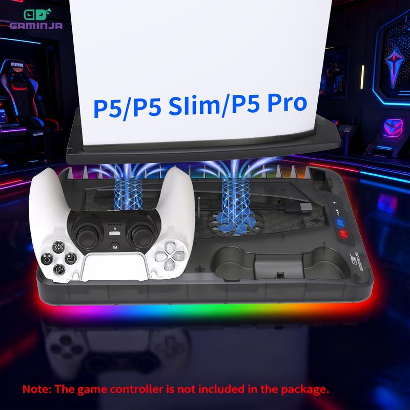Base de carga con sistema de enfriamiento compatible con PS5, PS5 Slim y PS5 Pro, soporte vertical multifuncional con ventilador de refrigeración y estación de carga para controles.