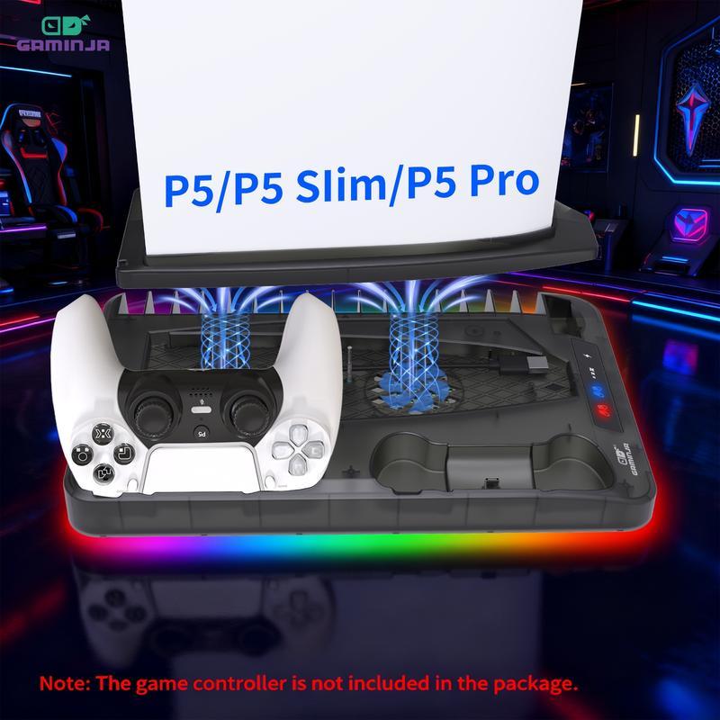 Base de carga con sistema de enfriamiento compatible con PS5, PS5 Slim y PS5 Pro, soporte vertical multifuncional con ventilador de refrigeración y estación de carga para controles.