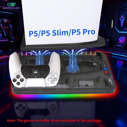 Base de carga con sistema de enfriamiento compatible con PS5, PS5 Slim y PS5 Pro, soporte vertical multifuncional con ventilador de refrigeración y estación de carga para controles.