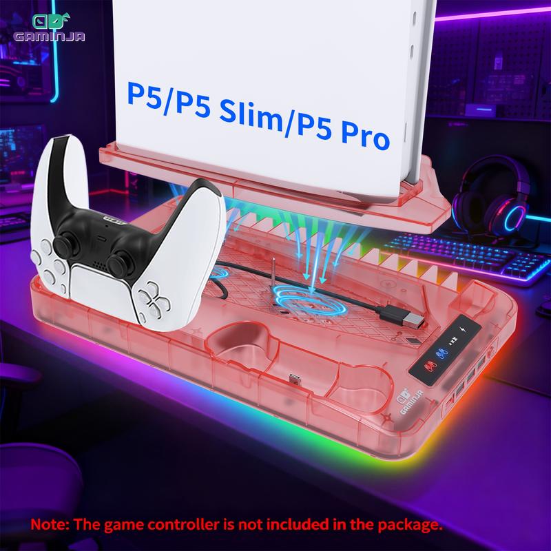 Base de carga con sistema de enfriamiento compatible con PS5, PS5 Slim y PS5 Pro, soporte vertical multifuncional con ventilador de refrigeración y estación de carga para controles.