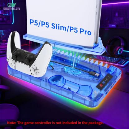 Base de carga con sistema de enfriamiento compatible con PS5, PS5 Slim y PS5 Pro, soporte vertical multifuncional con ventilador de refrigeración y estación de carga para controles.