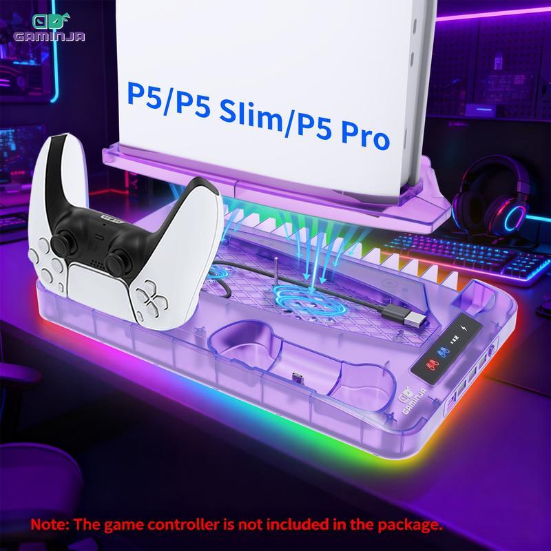 Base de carga con sistema de enfriamiento compatible con PS5, PS5 Slim y PS5 Pro, soporte vertical multifuncional con ventilador de refrigeración y estación de carga para controles.
