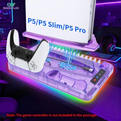 Base de carga con sistema de enfriamiento compatible con PS5, PS5 Slim y PS5 Pro, soporte vertical multifuncional con ventilador de refrigeración y estación de carga para controles.