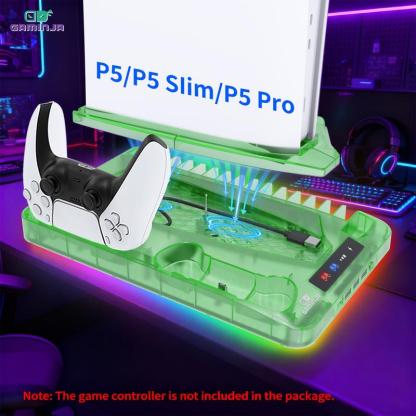 Base de carga con sistema de enfriamiento compatible con PS5, PS5 Slim y PS5 Pro, soporte vertical multifuncional con ventilador de refrigeración y estación de carga para controles.