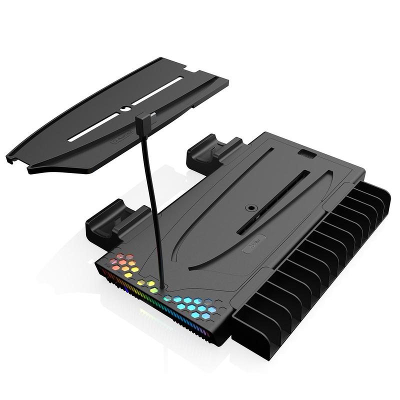 Base de carga con sistema de enfriamiento compatible con PS5, PS5 Slim y PS5 Pro, soporte vertical multifuncional con ventilador de refrigeración y estación de carga para controles.