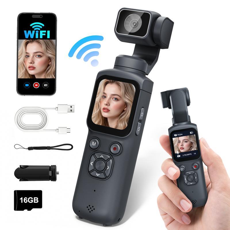 Cámara de vlog de bolsillo con video 4K a 30 fps, seguimiento facial, conexión WiFi, incluye tarjeta de 16 GB y trípode. Ideal para grabación portátil y creación de contenido.