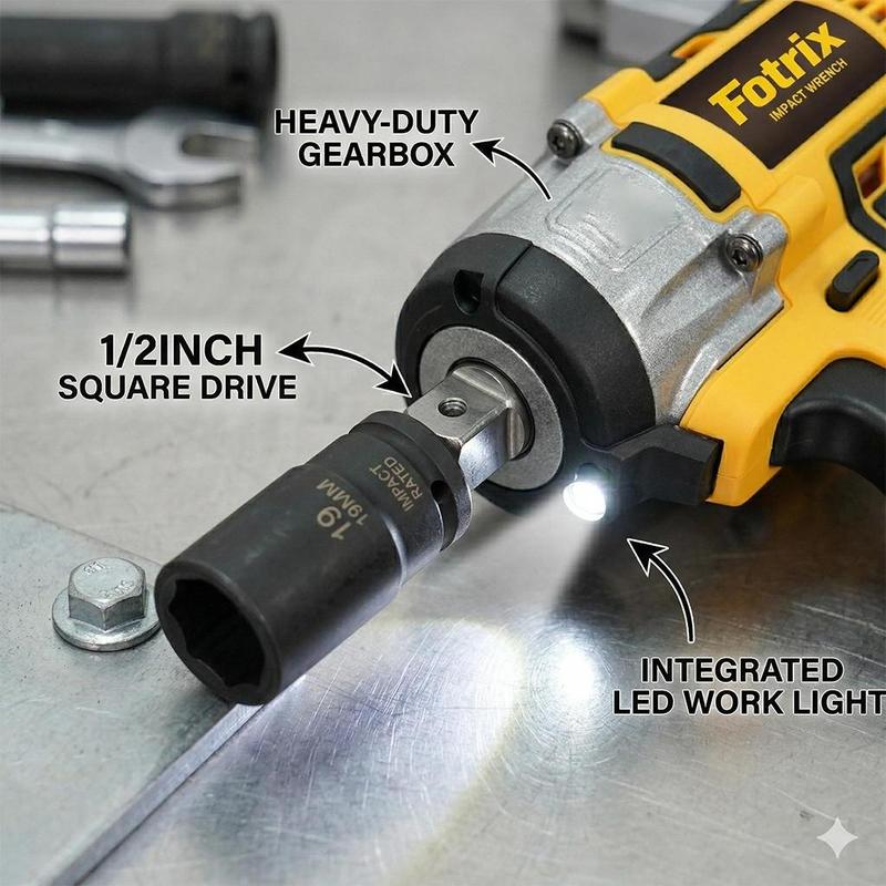 Llave de Impacto Inalámbrica de 1/2", Alto Torque 3 en 1, con Batería de Litio Recargable, Base de Carga, Juego de Dados, Brocas, Luz LED, Ideal para Mecánica Automotriz y Reparaciones