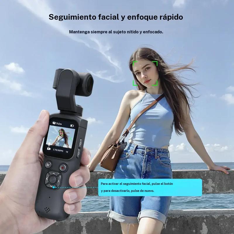 Cámara de vlog de bolsillo con video 4K a 30 fps, seguimiento facial, conexión WiFi, incluye tarjeta de 16 GB y trípode. Ideal para grabación portátil y creación de contenido.
